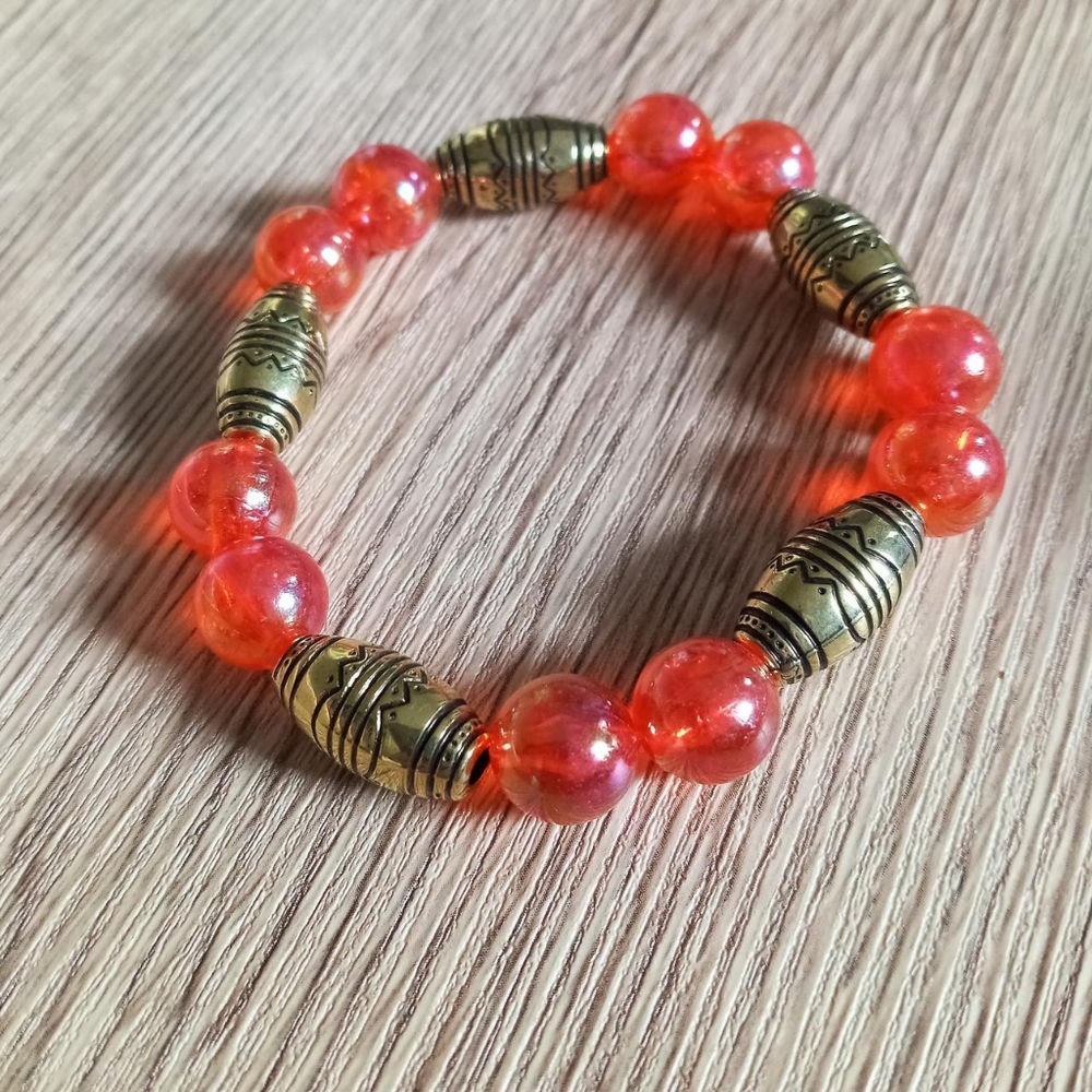 Hand Crafted Gold plated engraved red beaded iridescent statement bracelet